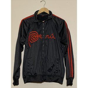 PeruArt  Men's Track Jacket Black M Red Stripe Full Zip Side Pockets EUC